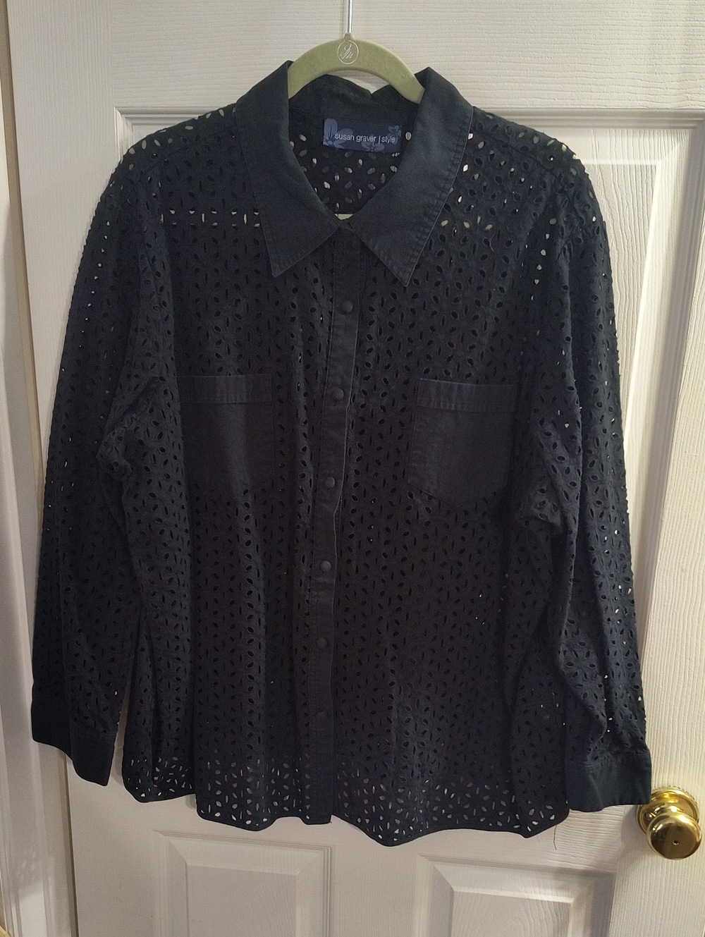 Susan Graver Black Eyelet Button-Down Shirt - Long Sleeve